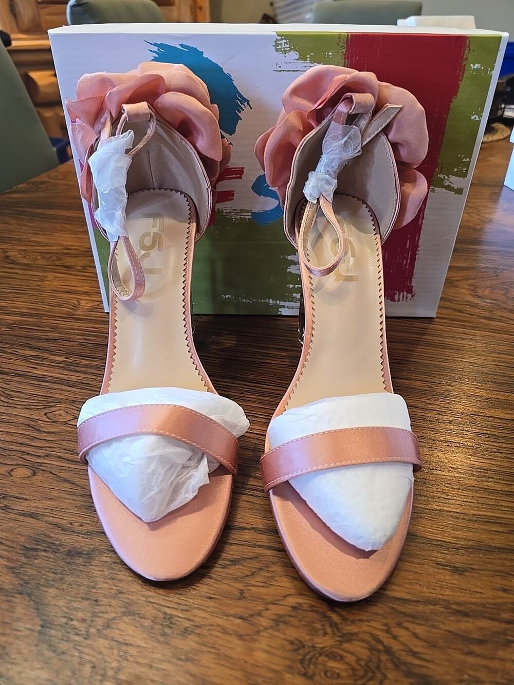 FSJ Flower Crystal Chunky Block High Thick Heels Sz 8 Pale Pink